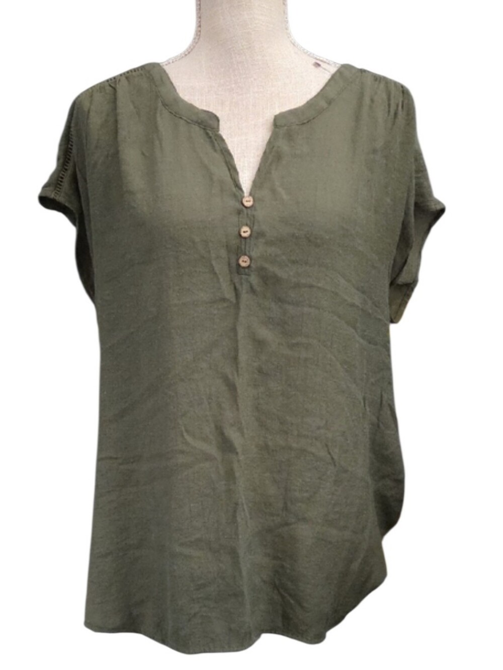 Perseption Olive Green Short Sleeve Henley Blouse